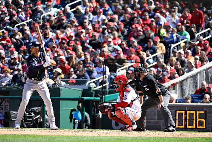 Mar 30, 2023; Washington, District of Columbia, USA; Atlanta Braves first baseman Matt Olson (28) at bat during the fifth inning against the Washington Nationals with pitch clock at Nationals Park. Mandatory Credit: Brad Mills-USA TODAY Sports